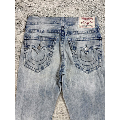 True Religion baby blue jeans black thick stitching straight