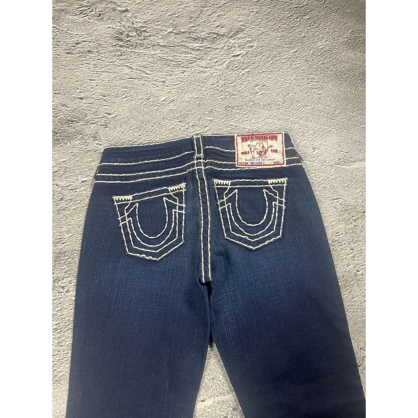 True Religion flared jeans blue white thick stitching Y2K