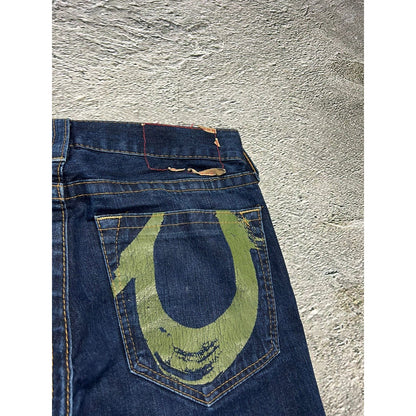 True Religion vintage navy jeans big logo painted khaki Y2K