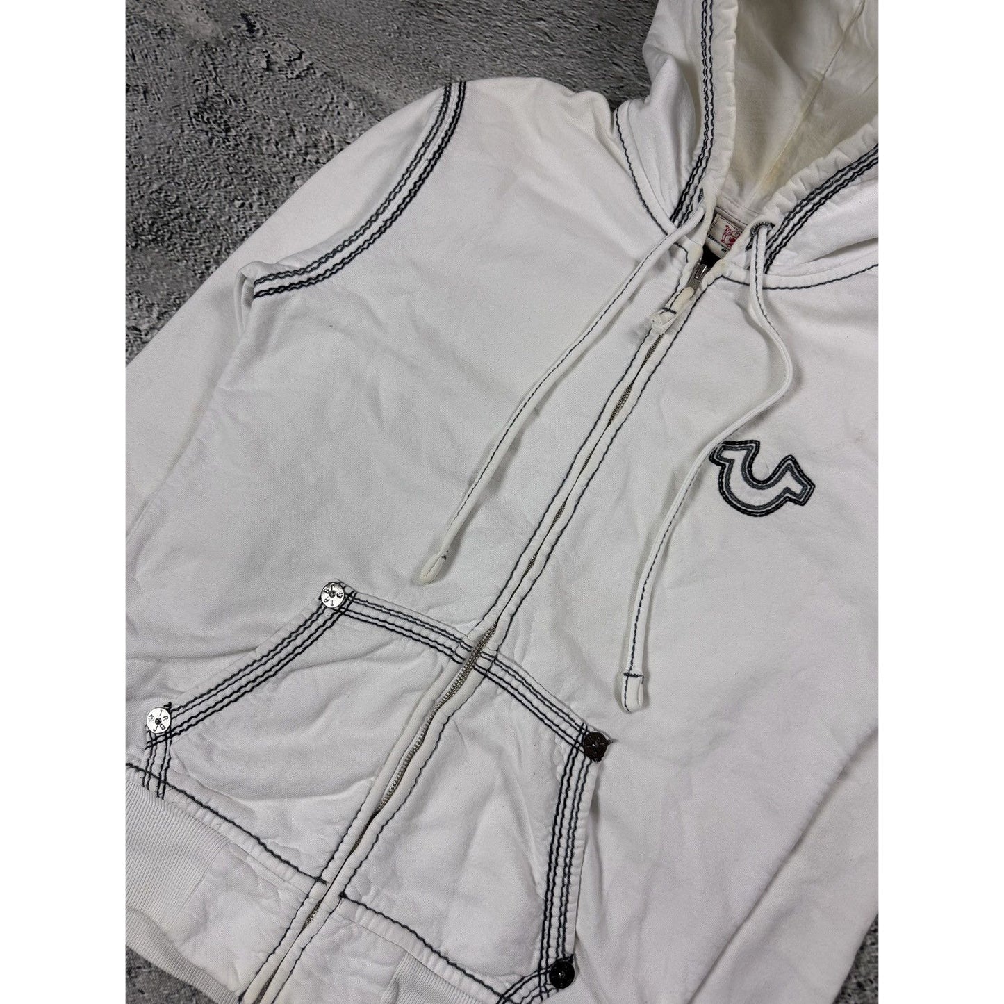 True Religion zip hoodie vintage white thick stitching Y2K