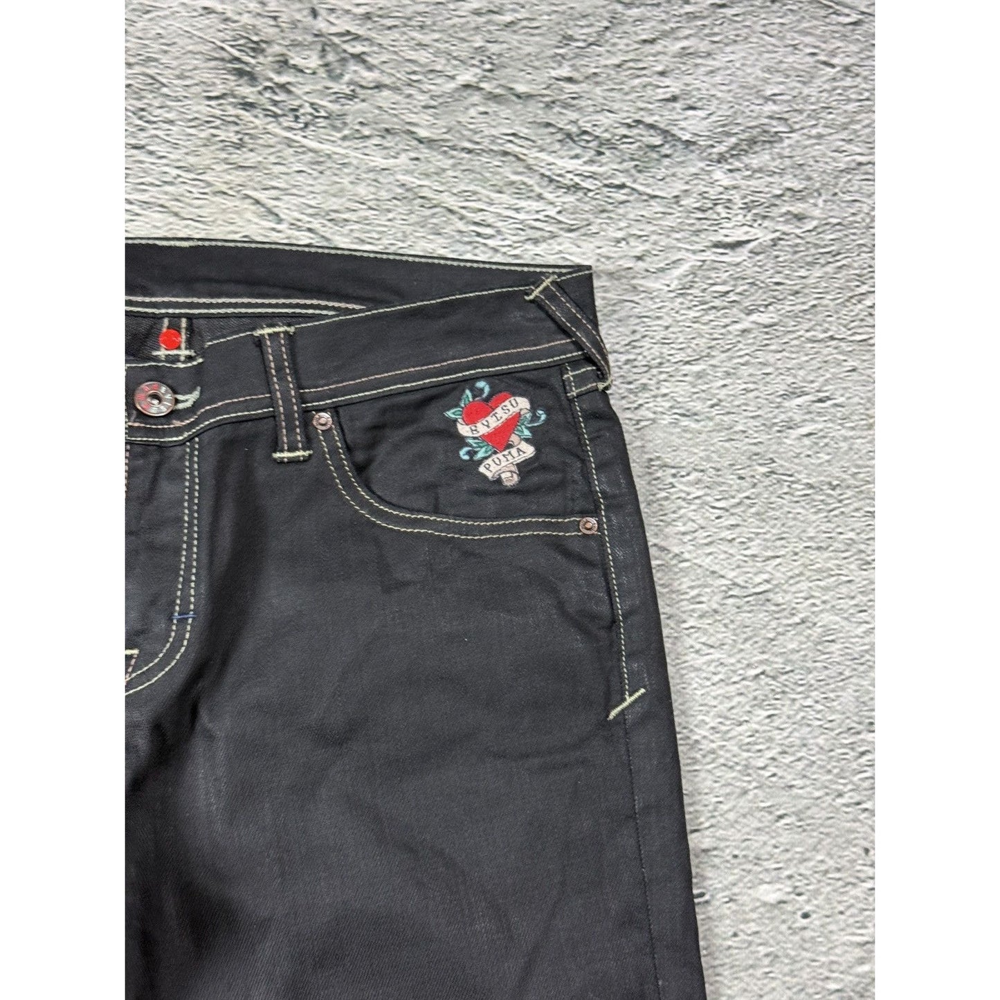 Evisu x Puma vintage waxed black jeans seagulls Y2K