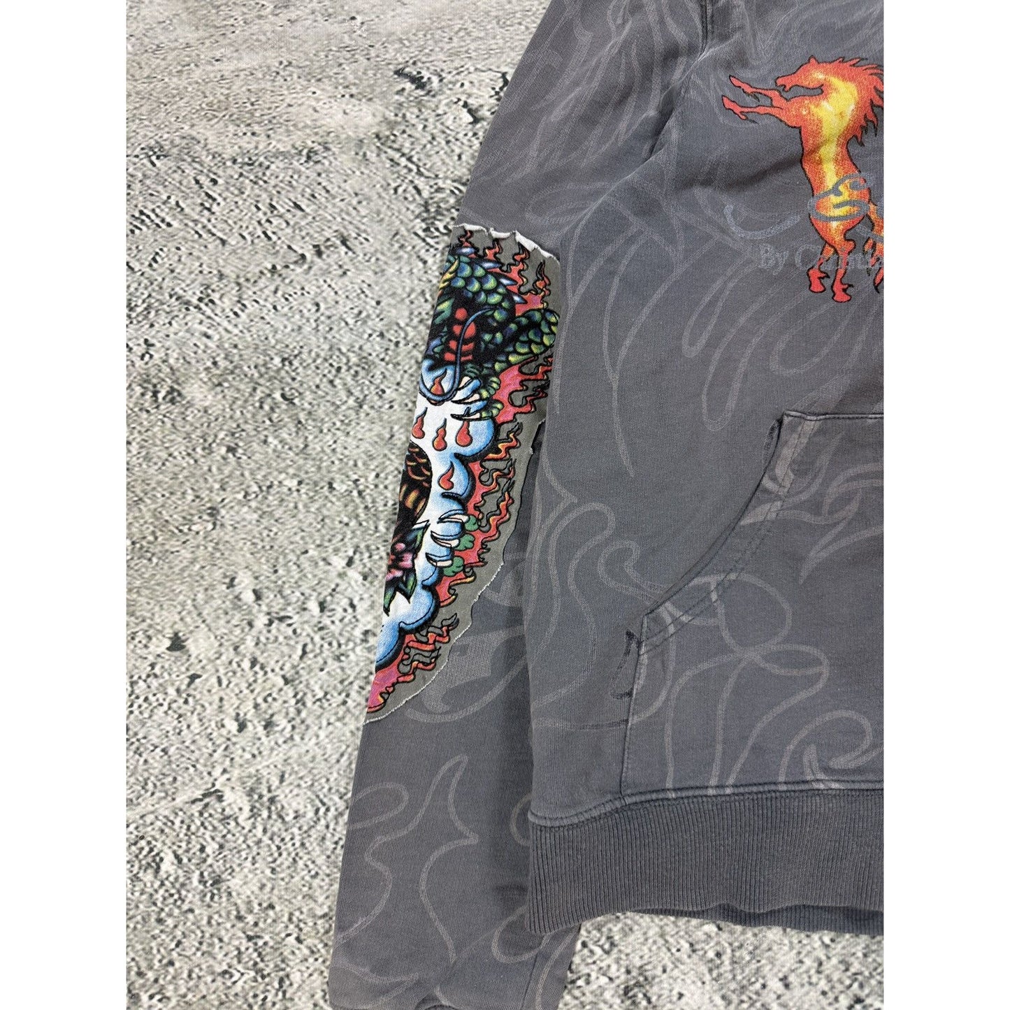 Ed Hardy zip hoodie grey Y2K vintage Christian Audigier fur