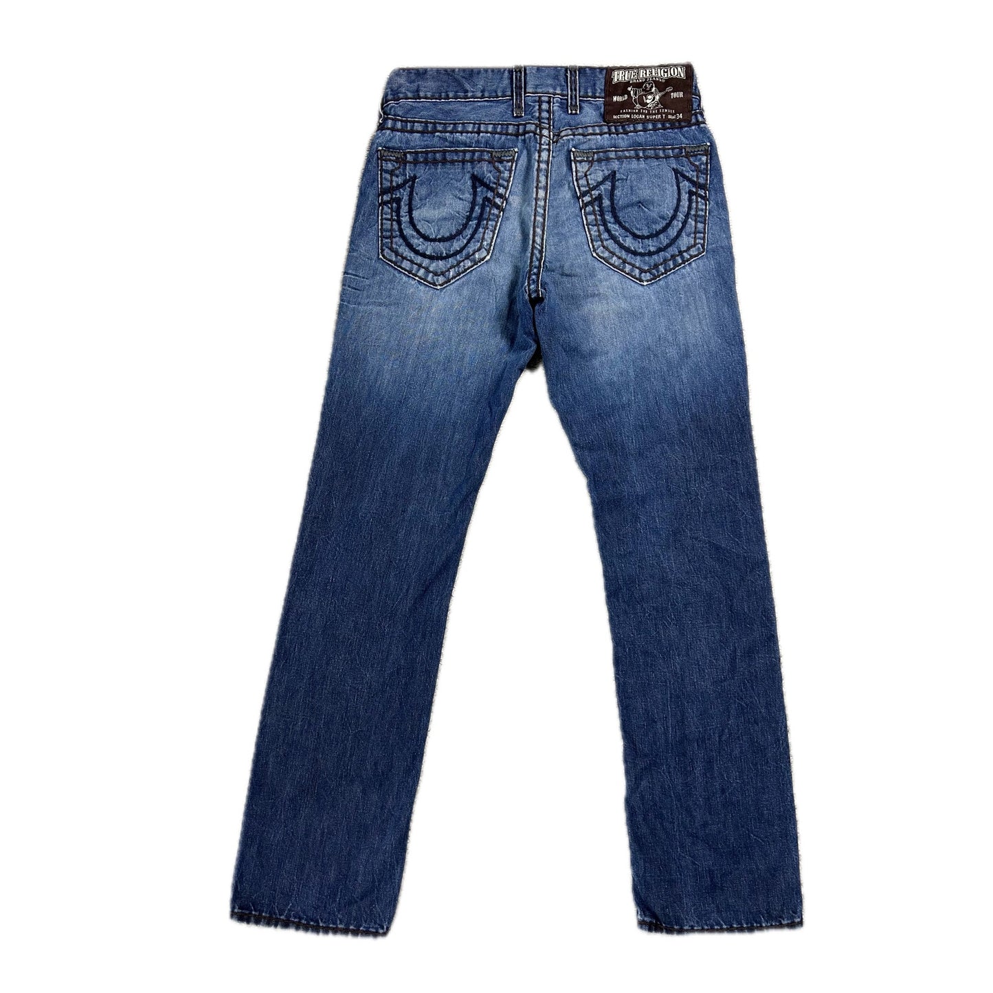 True Religion blue jeans white thick stitching Logan