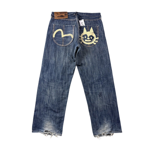 Evisu Yamane jeans vintage design selvedge embroidery cat