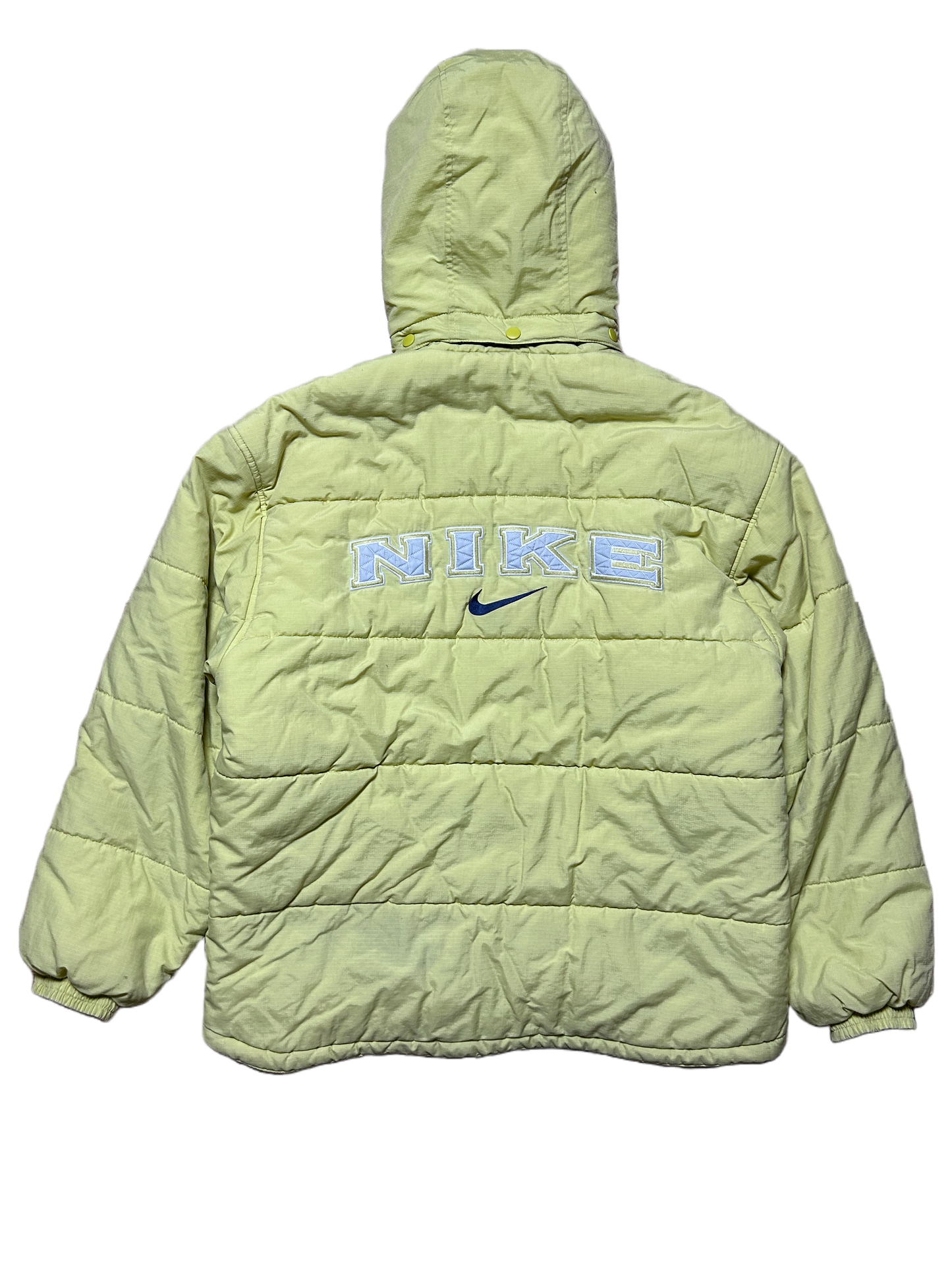 90s Nike vintage yellow puffer jacket spell out big logo