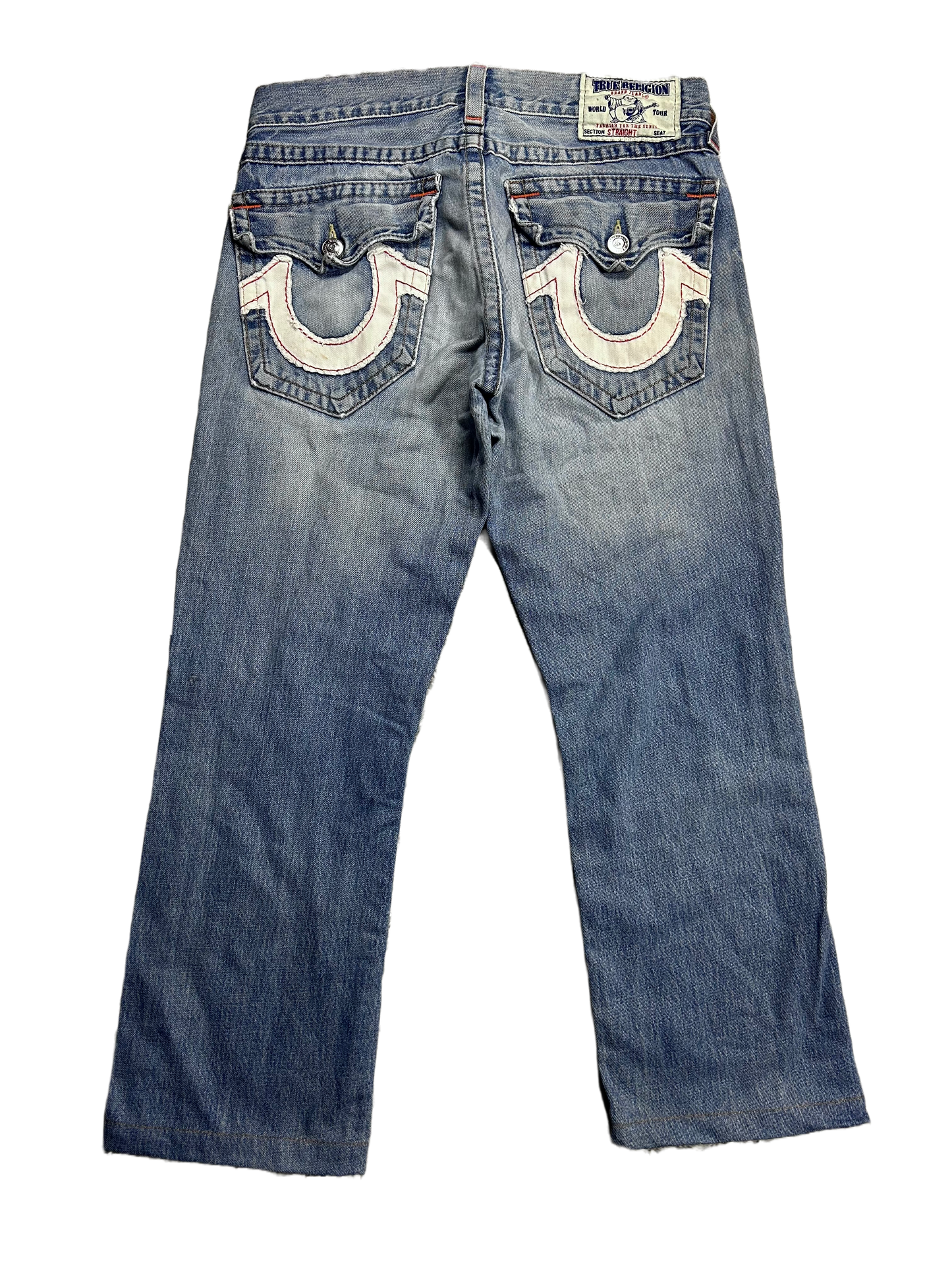 True Religion vintage blue jeans white big logo