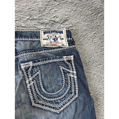 True Religion blue jeans white thick stitching straight Y2K