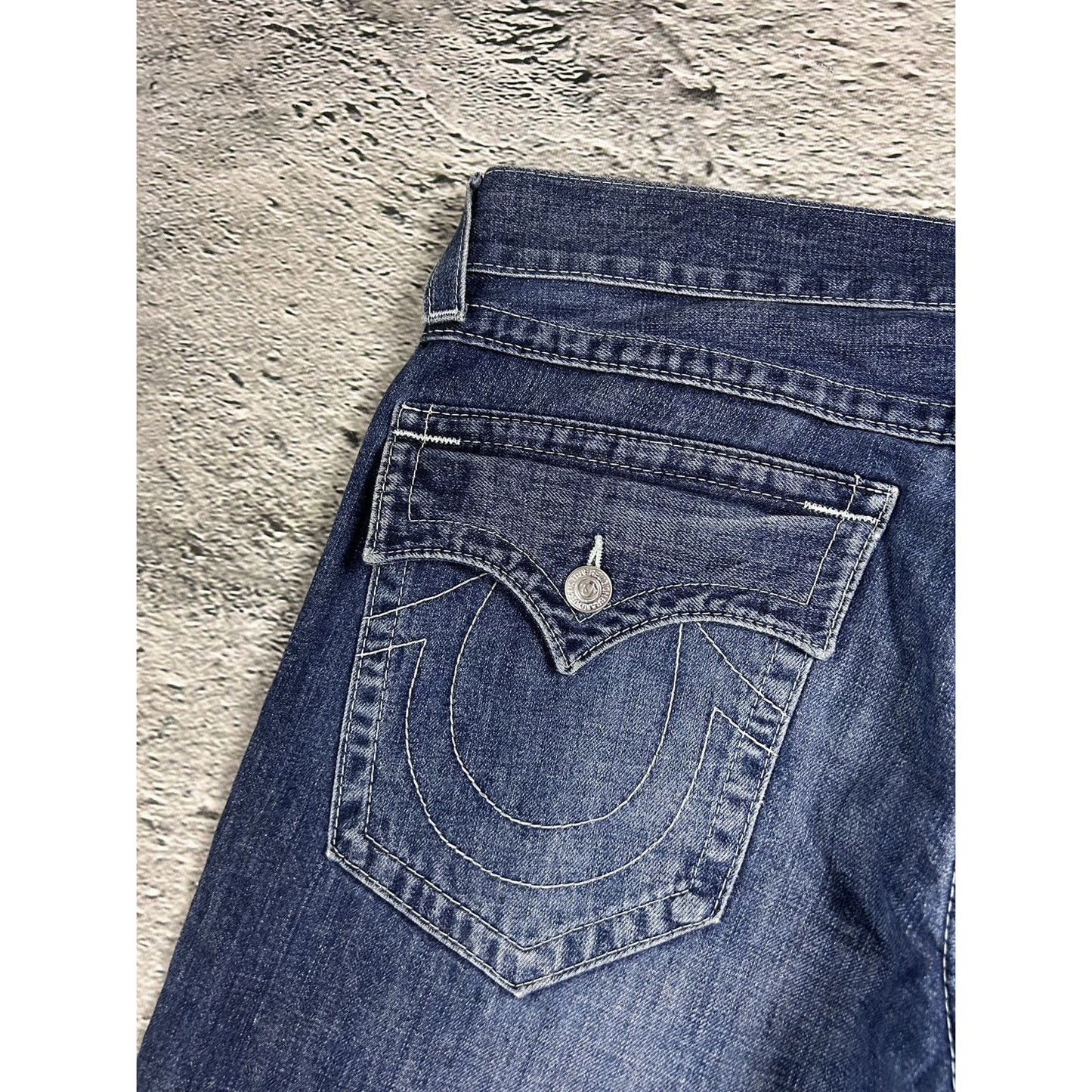 True Religion navy blue jeans white stitching Y2K