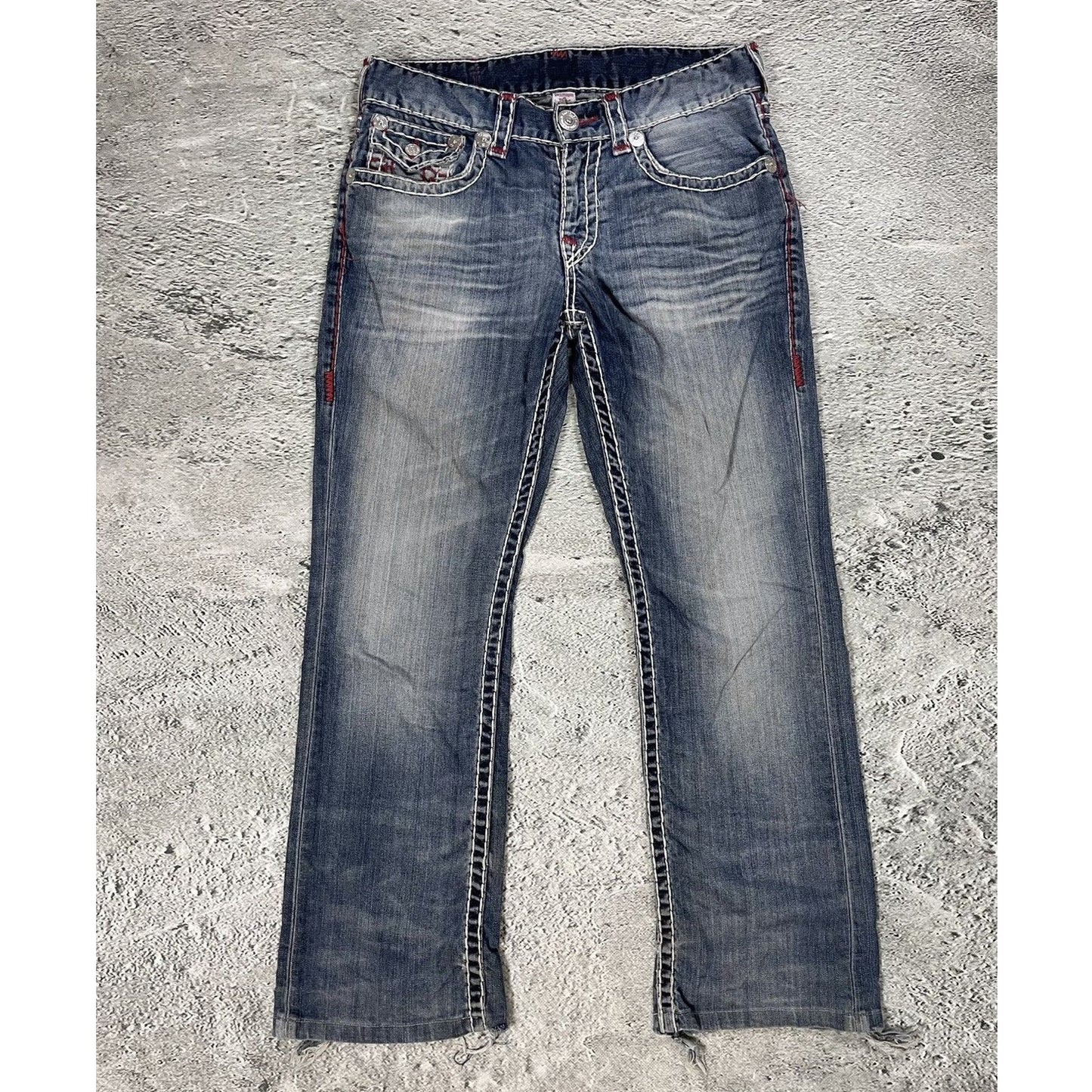 True Religion blue jeans white red thick stitching straight