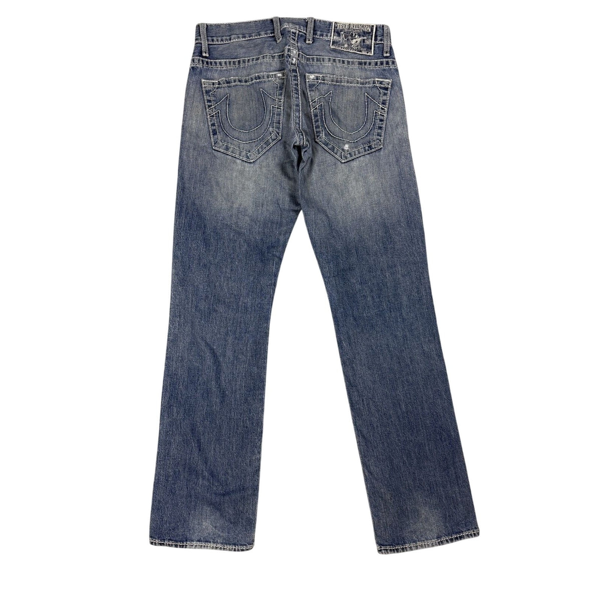 True Religion blue washed jeans white thick stitching Logan