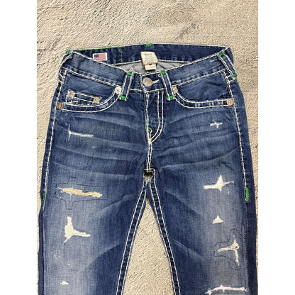 True Religion Geno Green tab blue jeans white stitching