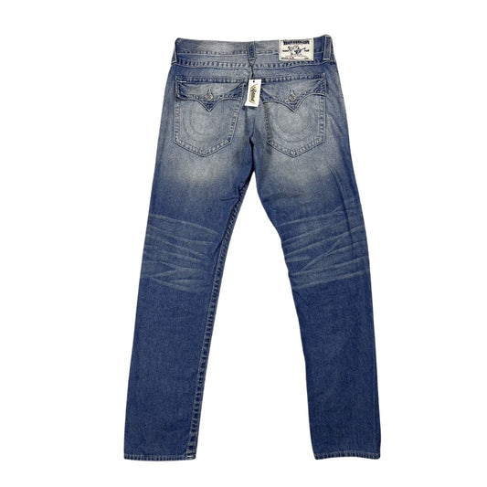 True Religion baby blue jeans white stitching Slim Y2K