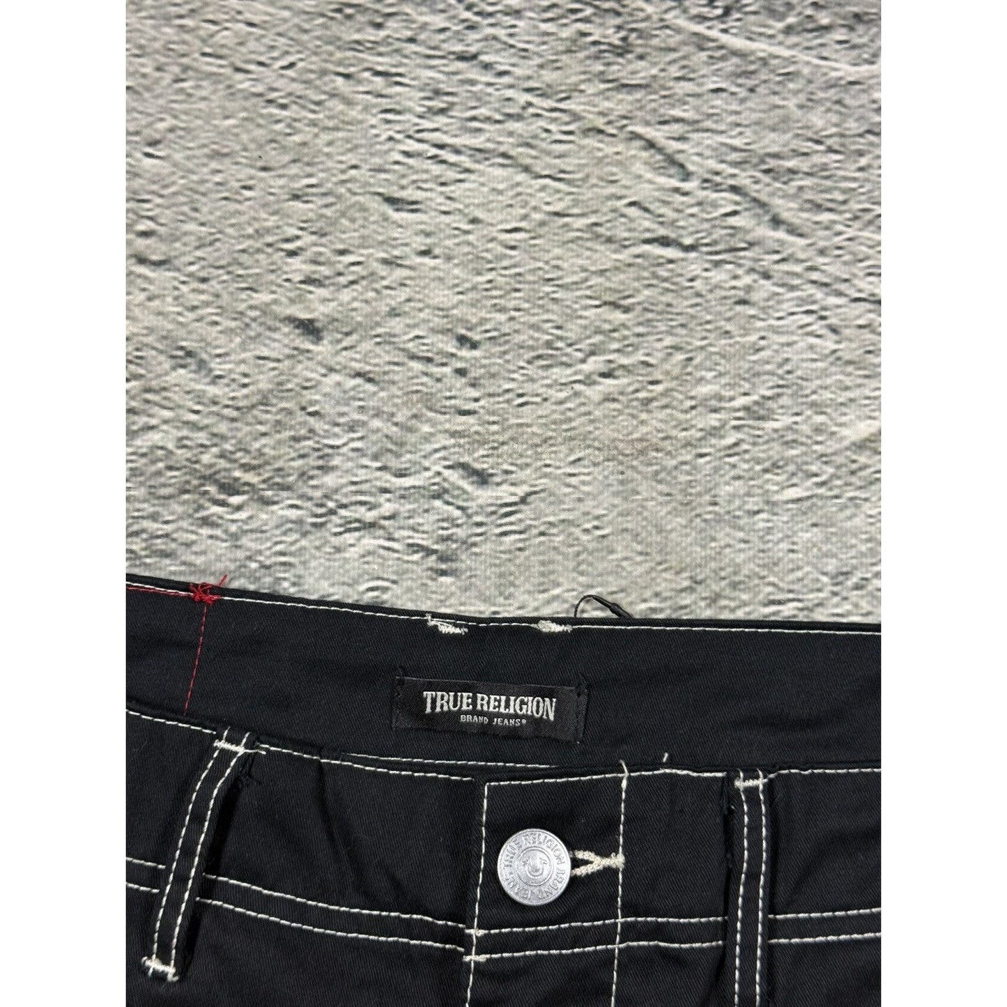 True Religion Cargo Black White stitch jorts denim shorts