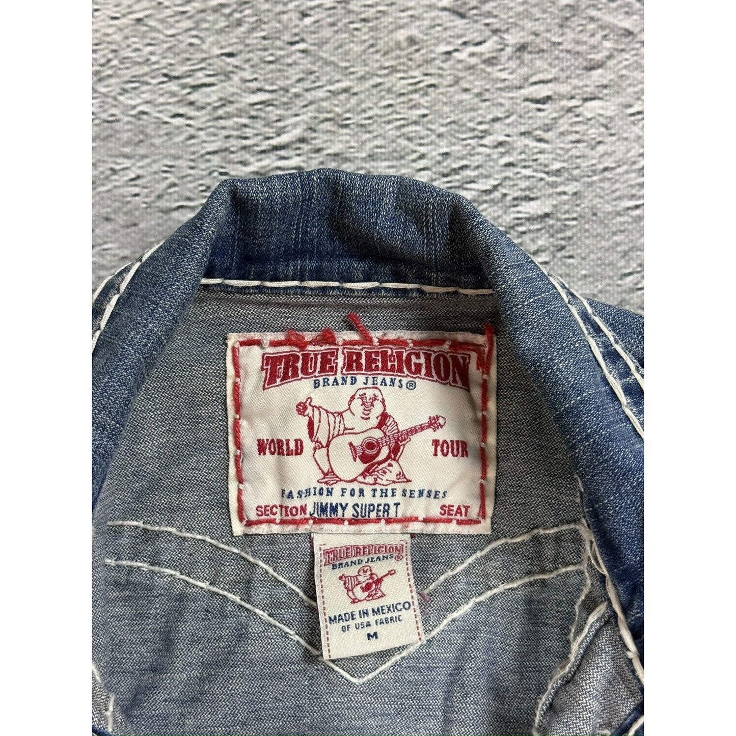 True Religion denim jacket blue white stitching vintage