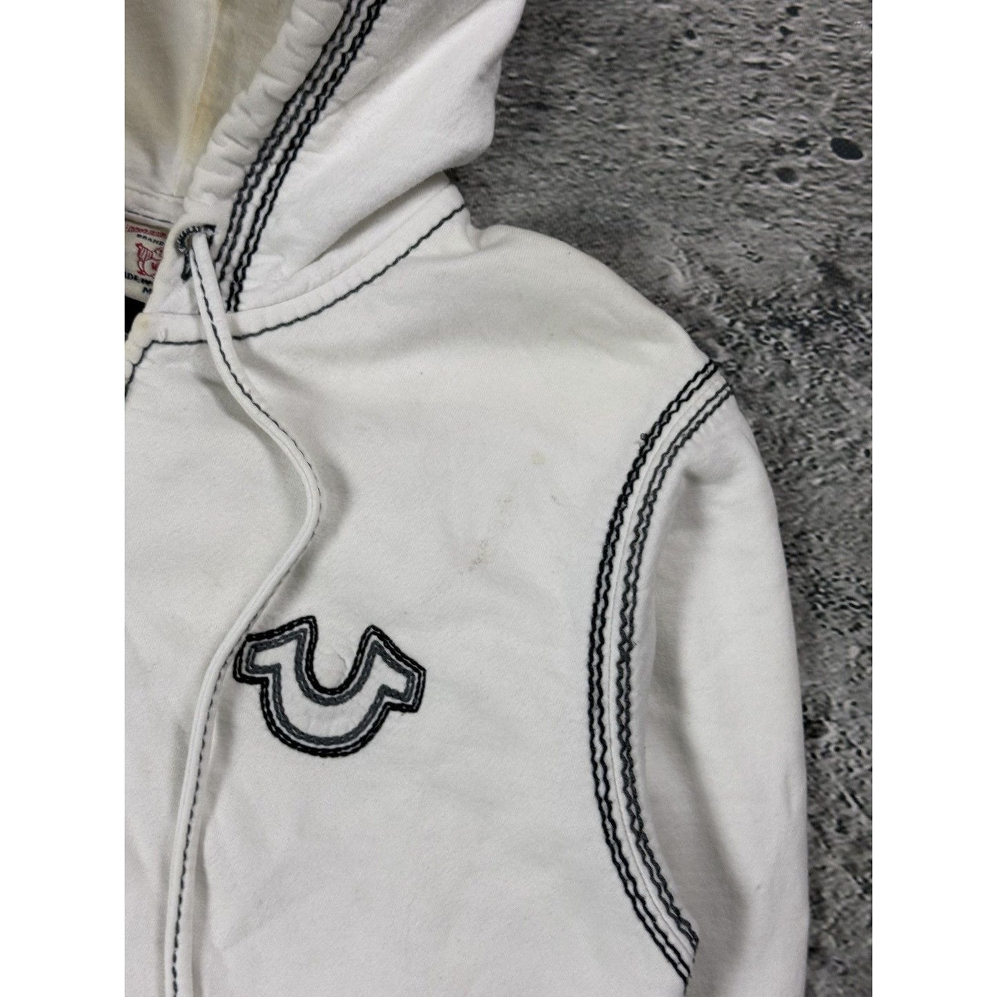 True Religion zip hoodie vintage white thick stitching Y2K