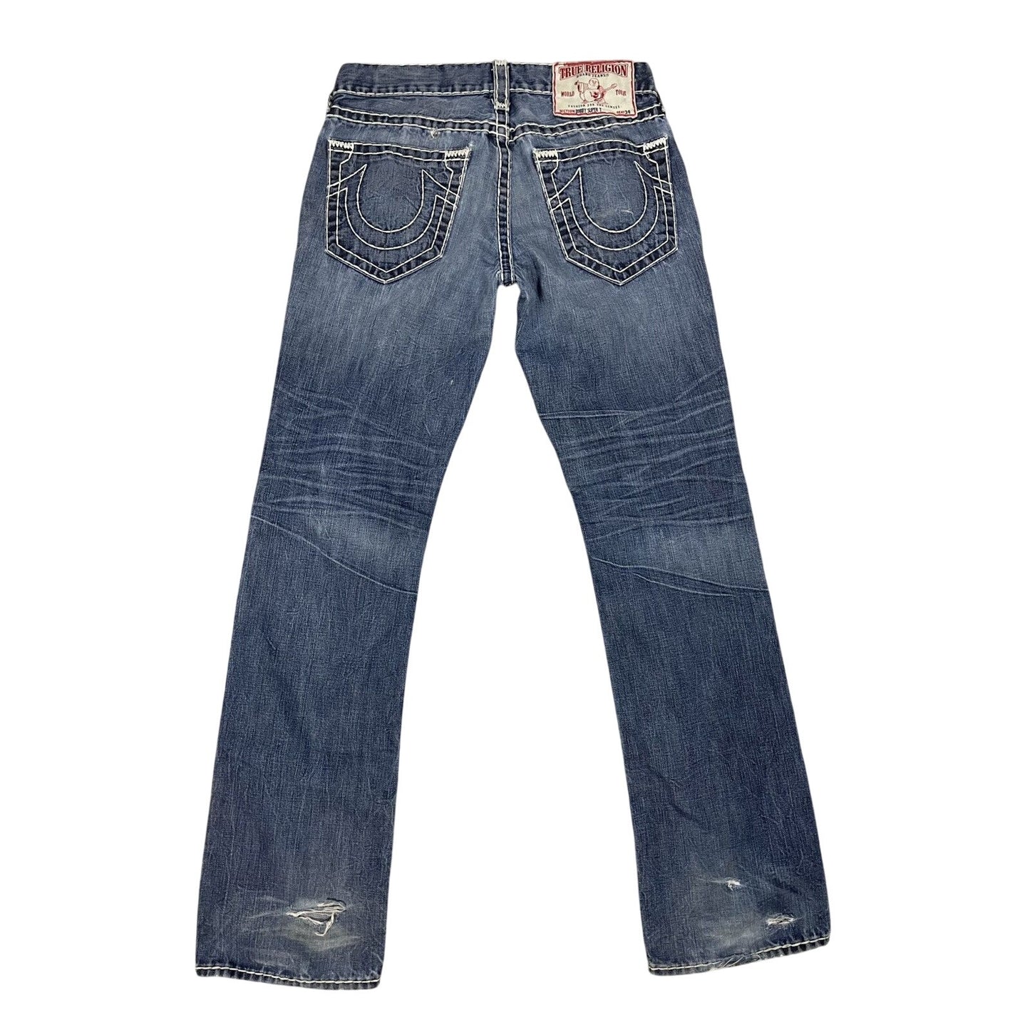 True Religion blue jeans white thick stitching Bobby