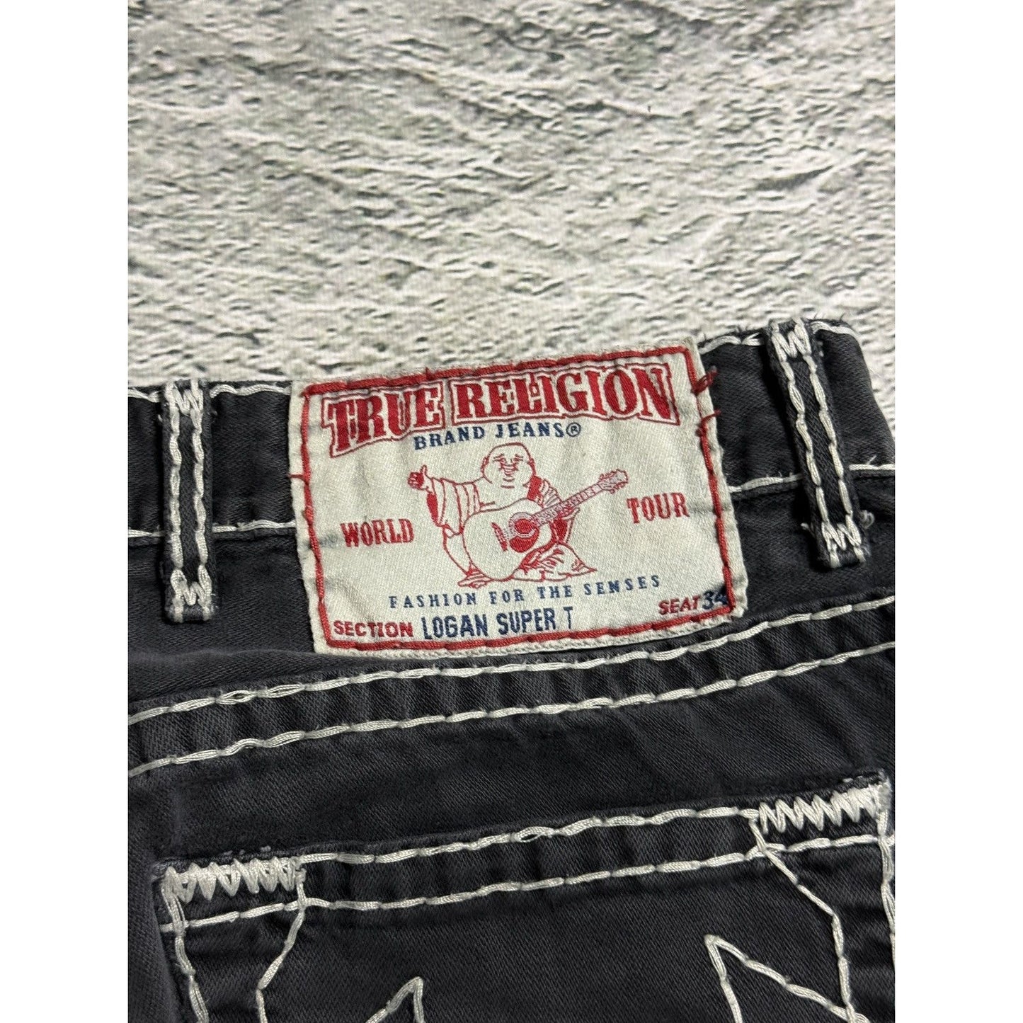 True Religion black jeans white thick stitching Y2K Logan