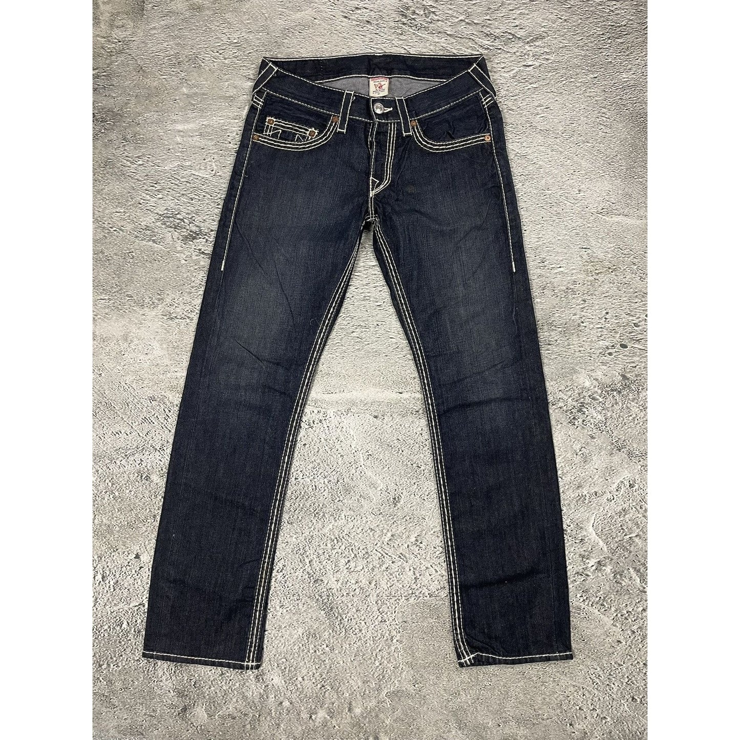 True Religion jeans navy blue white stitching straight Y2K