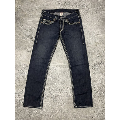 True Religion jeans navy blue white stitching straight Y2K