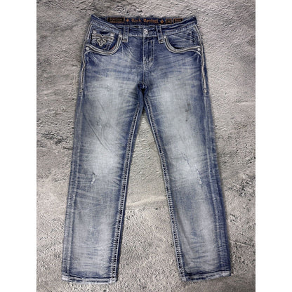 Rock Revival straight vintage blue jeans leather patch Y2K