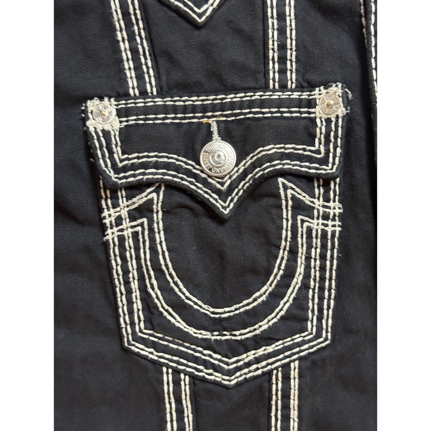 True Religion denim jacket black white thick stitching
