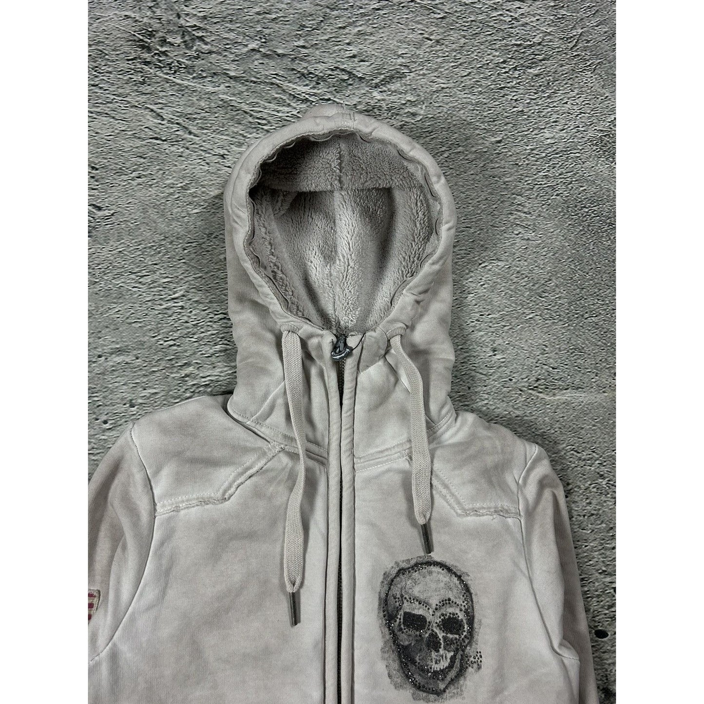 True Religion zip hoodie vintage skull rhinestones sherpa