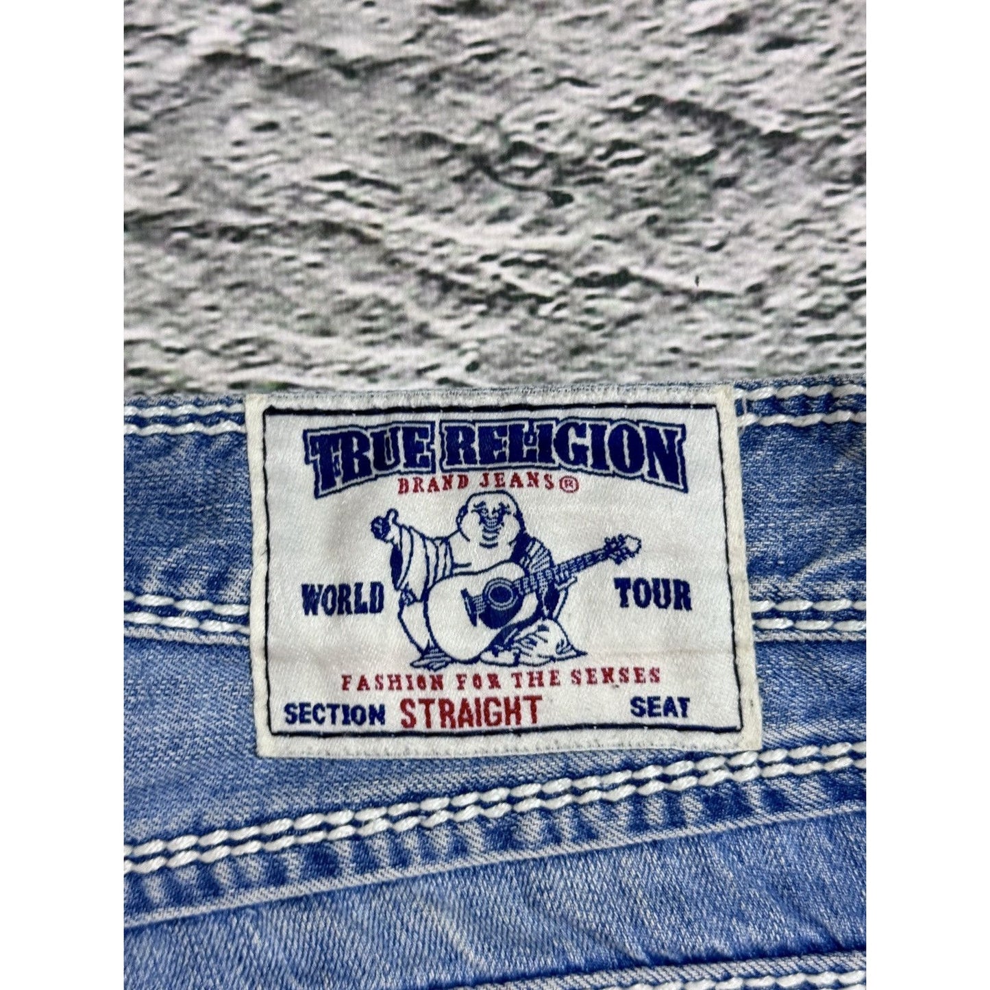 True Religion jeans straight baby blue Mega T white stitch