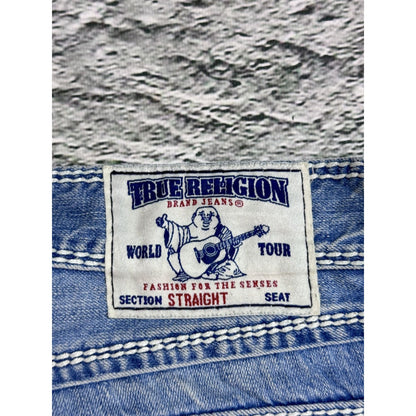 True Religion jeans straight baby blue Mega T white stitch