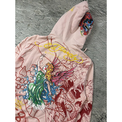 Ed Hardy zip hoodie black red vintage Y2K faux fur