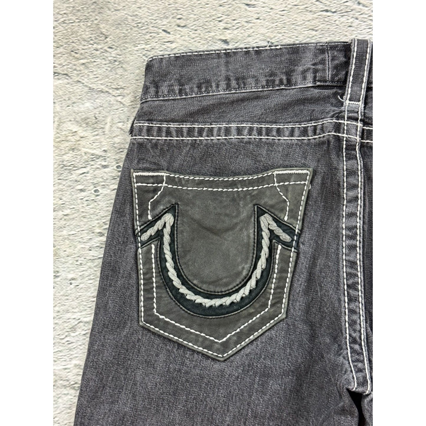 True Religion jeans grey black leather patch Bobby straight