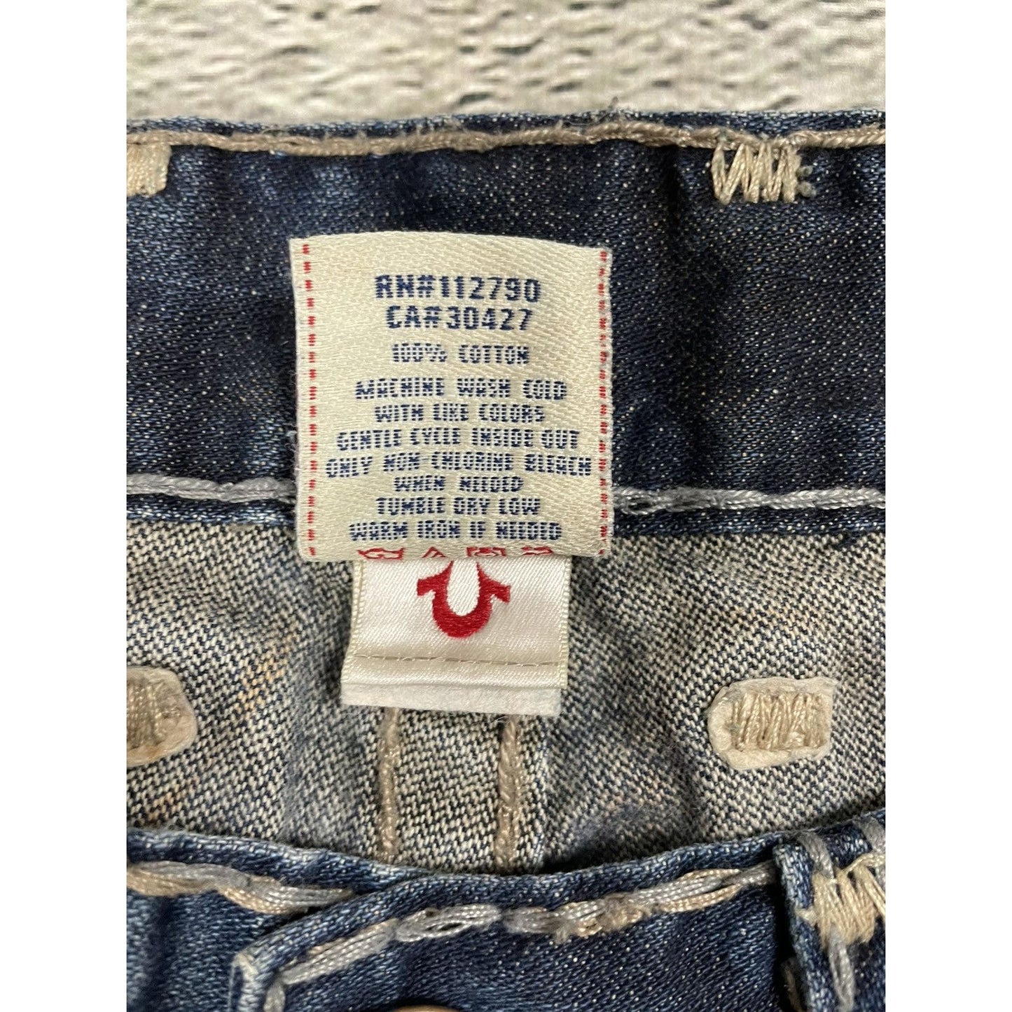 True Religion jeans dark navy thick stitching brown Logan