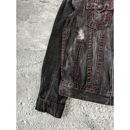 True Religion denim jacket black red contrast stitching Y2K