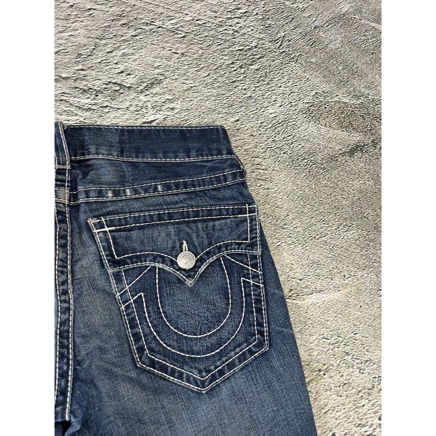 True Religion blue jeans white thick stitching baggy flared