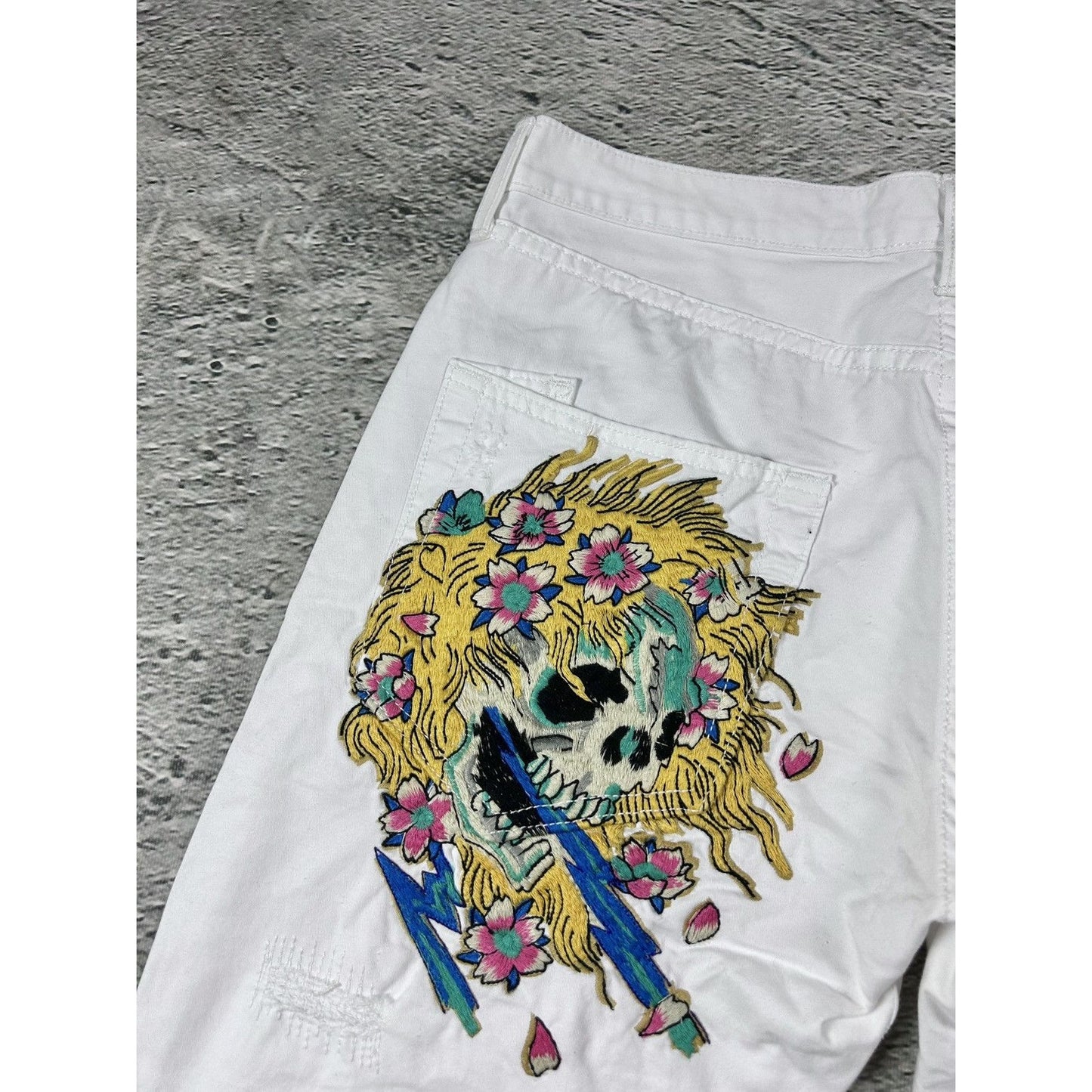 Ed Hardy white vintage jeans skull embroidered pants flowers
