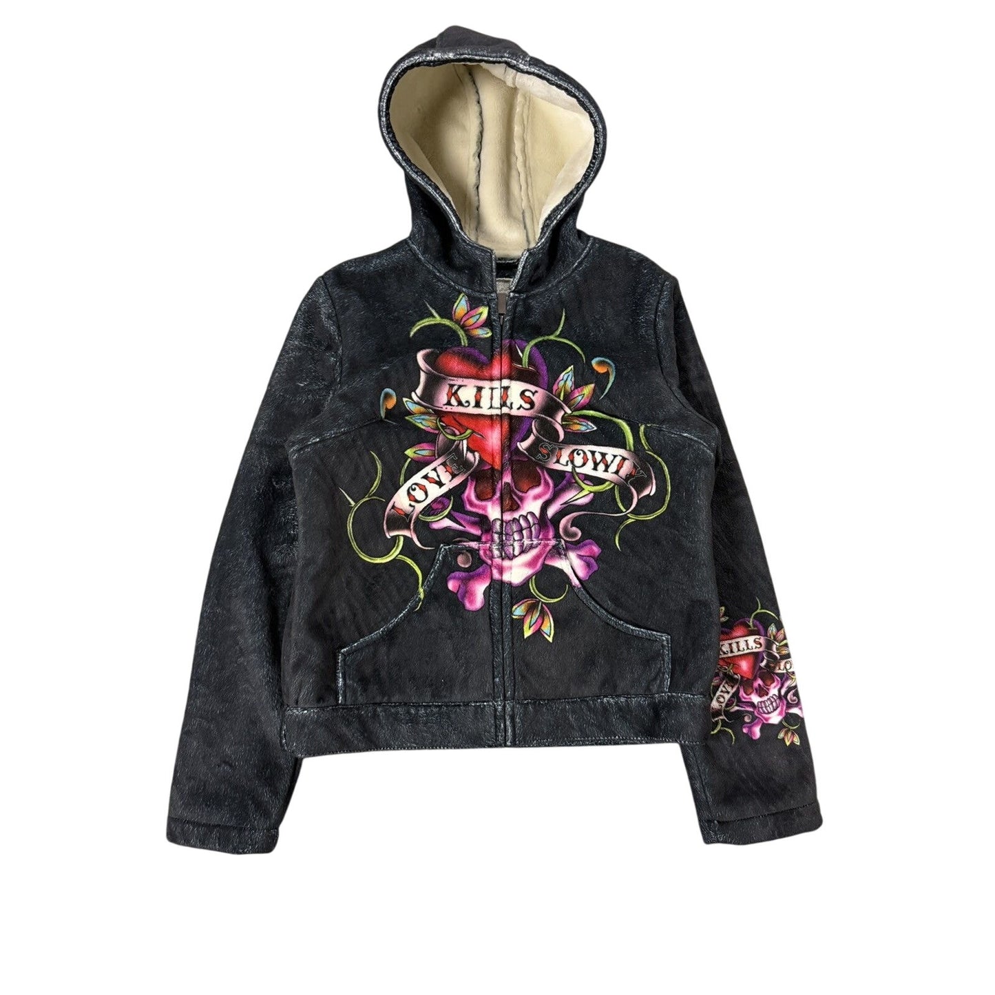 Ed Hardy zip hoodie black red vintage Y2K faux fur