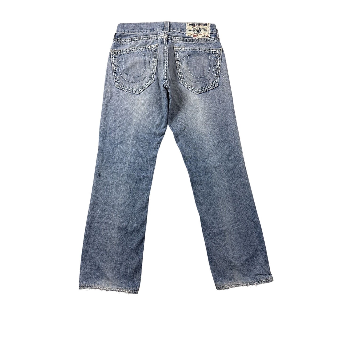 True Religion washed light blue jeans white stitching Bobby