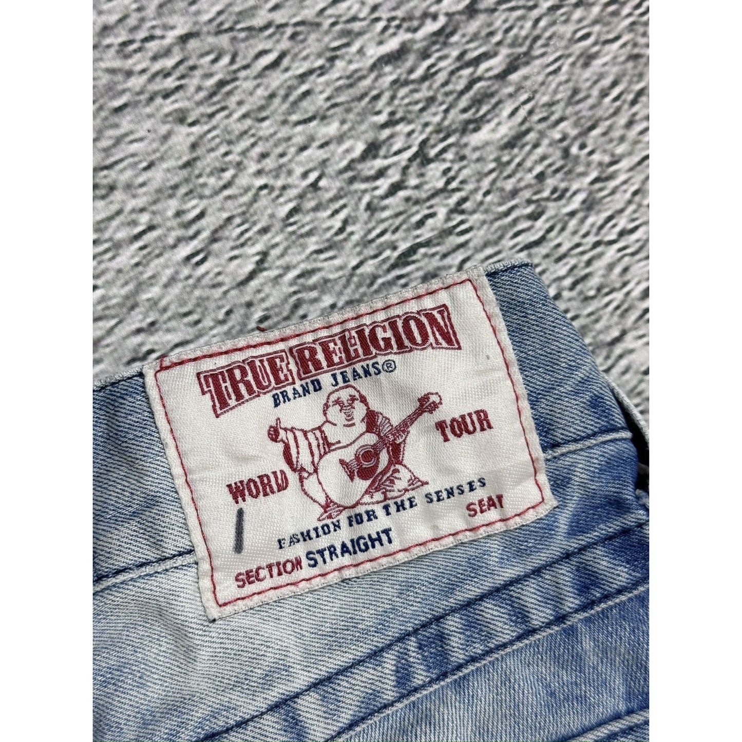 True Religion baby blue jeans black thick stitching straight