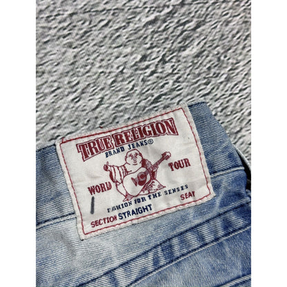 True Religion baby blue jeans black thick stitching straight