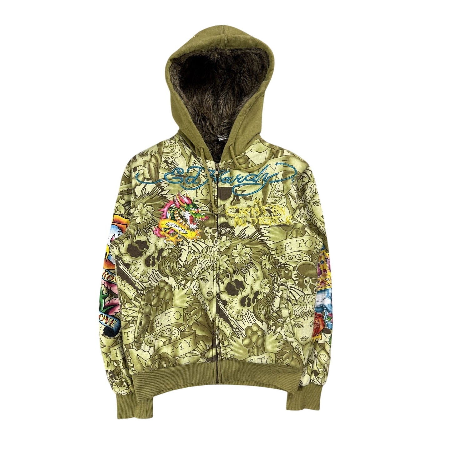 Ed Hardy zip hoodie furry vintage Y2K Christian Audigier fur