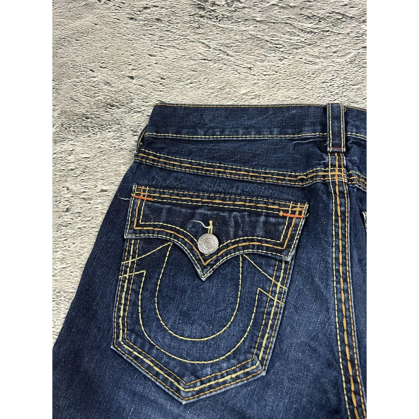 True Religion jorts denim shorts navy stitching Ricky