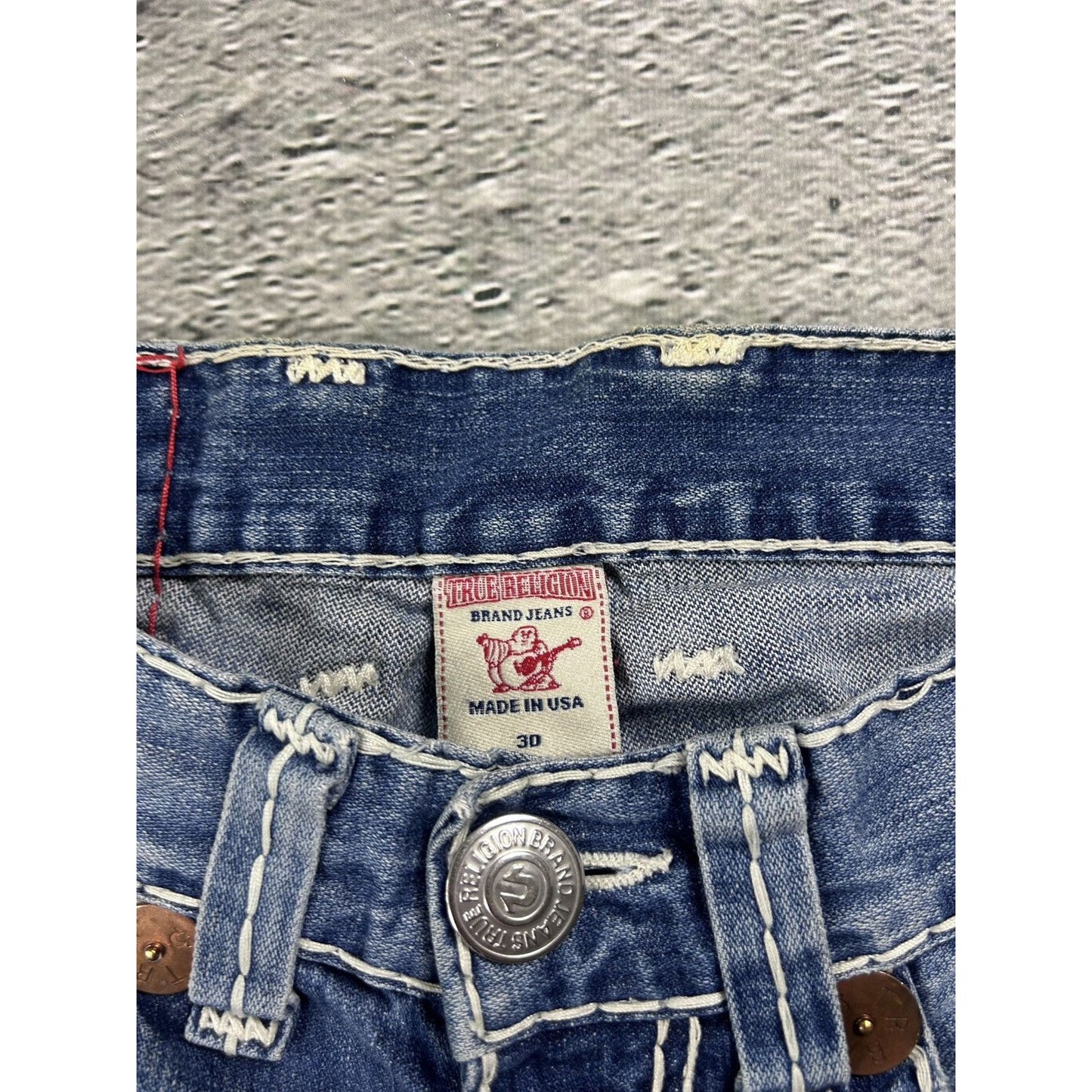 True Religion blue jeans white thick stitching Bobby