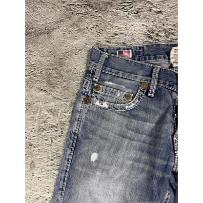 True Religion blue washed jeans white thick stitching Logan