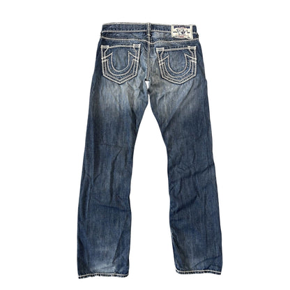 True Religion blue jeans white thick stitching straight Y2K