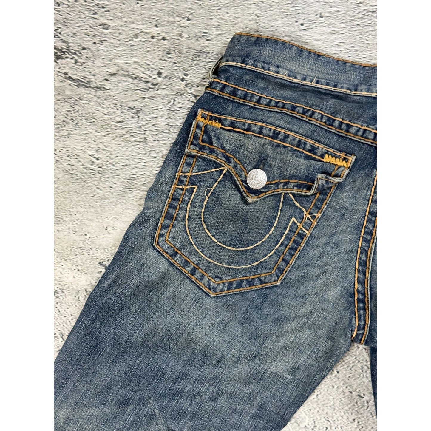 True Religion jorts denim shorts navy orange stitching Ricky