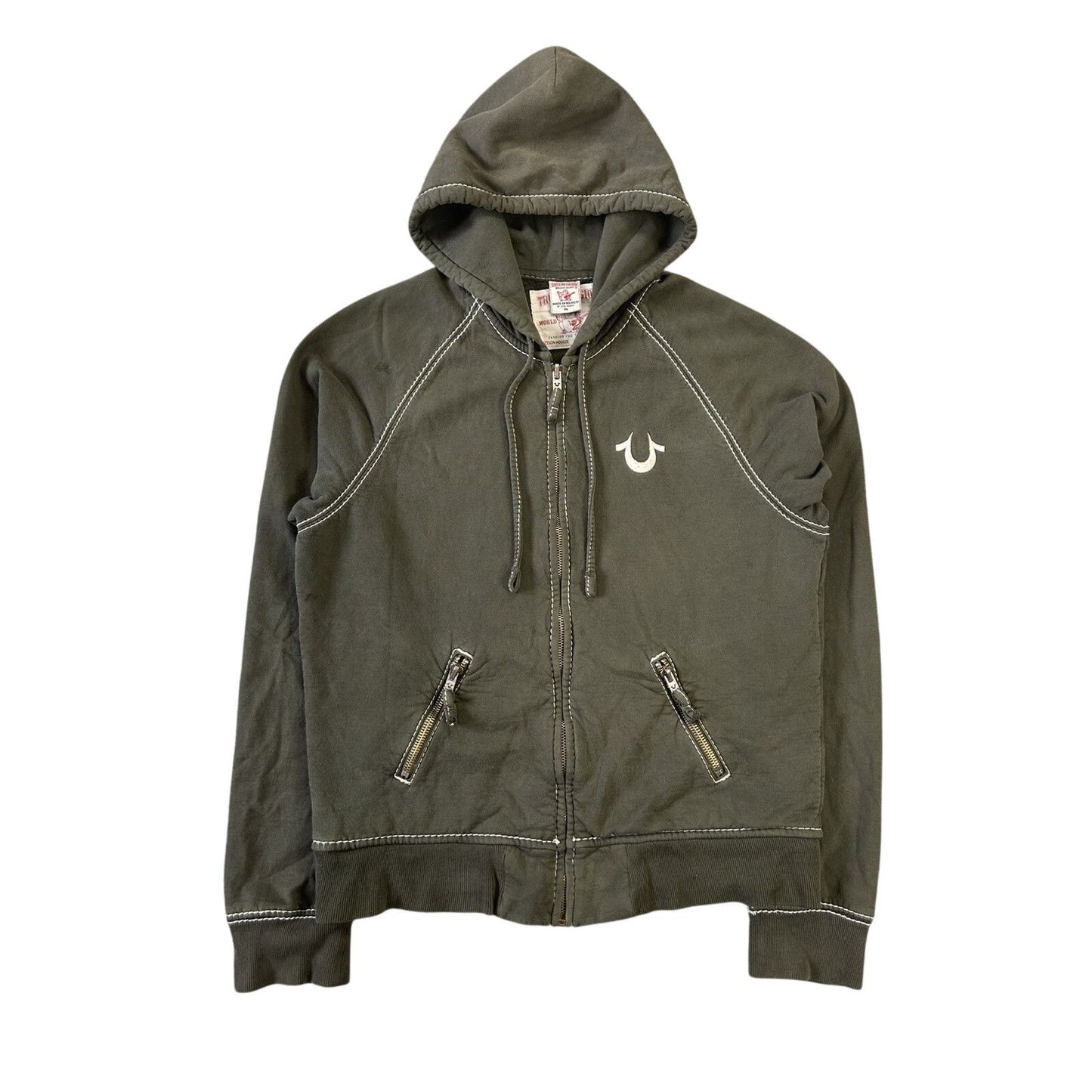 True Religion vintage zip hoodie khaki thick stitching Y2K