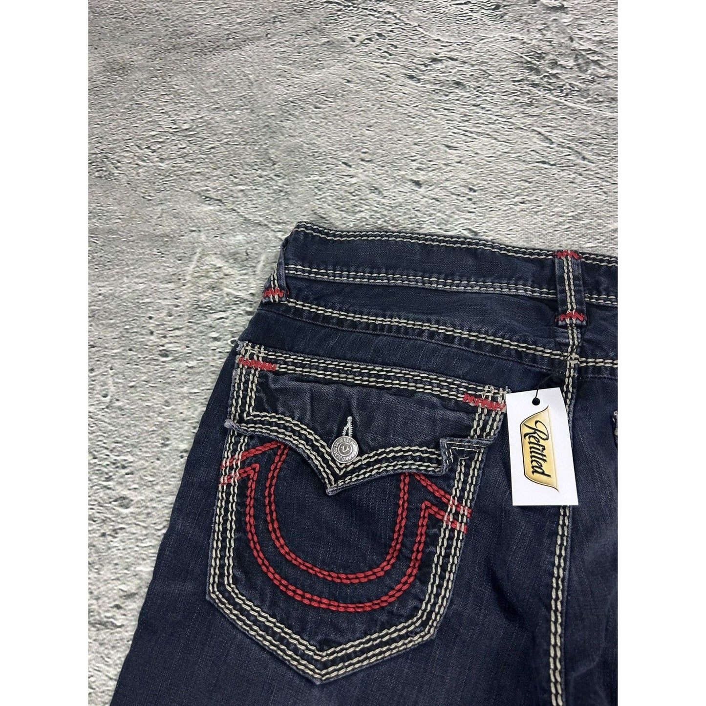 True Religion VAMP navy blue jeans red stitch contrast Y2K