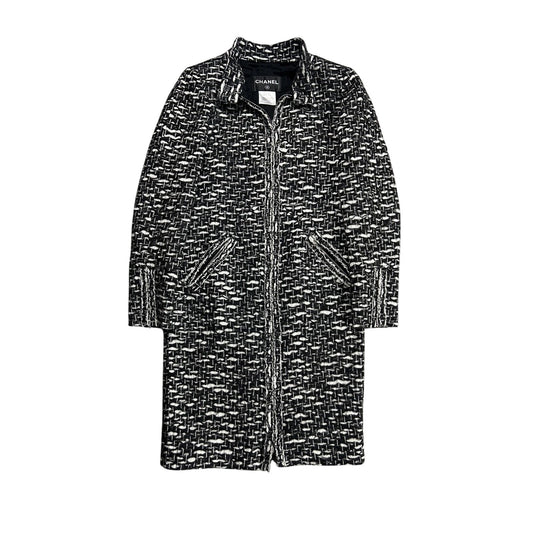 Chanel vintage coat tweed black white furry 2010