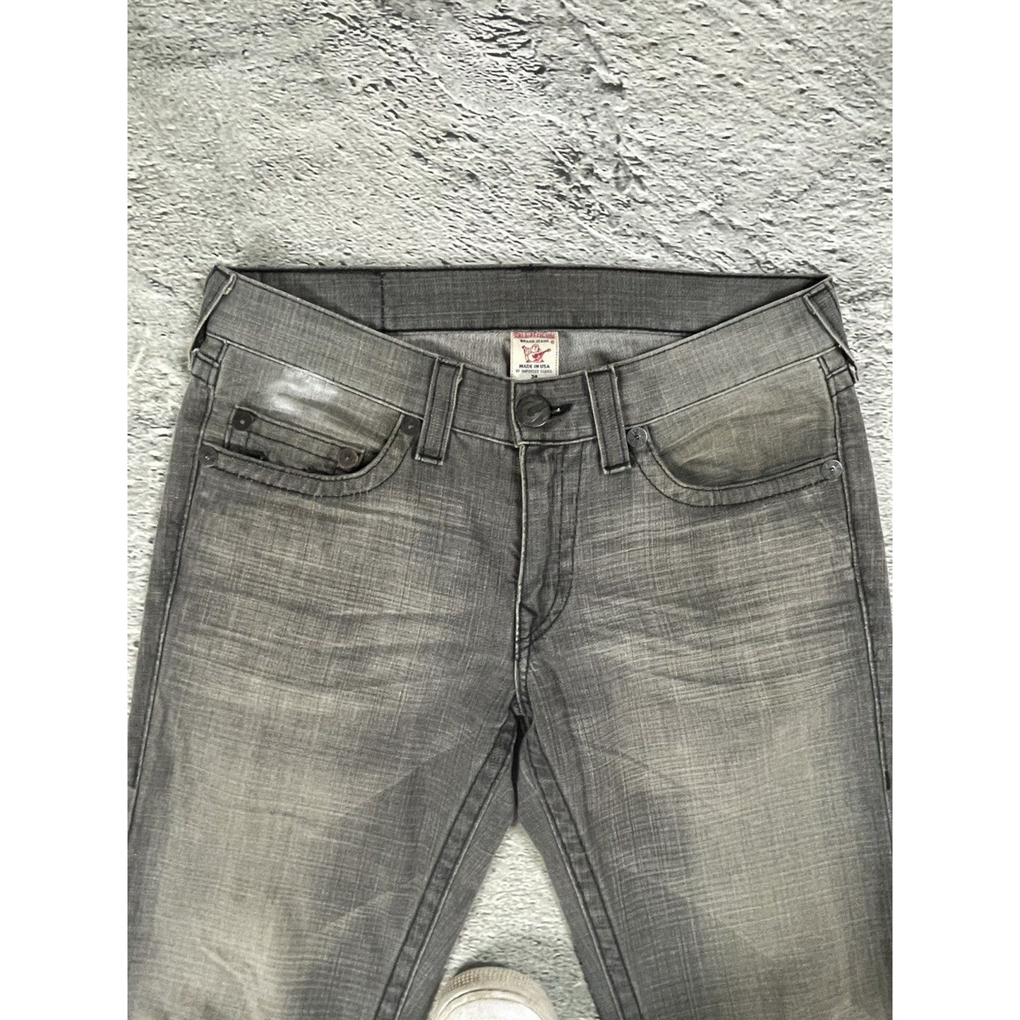 True Religion jeans grey black leather patch Bobby straight