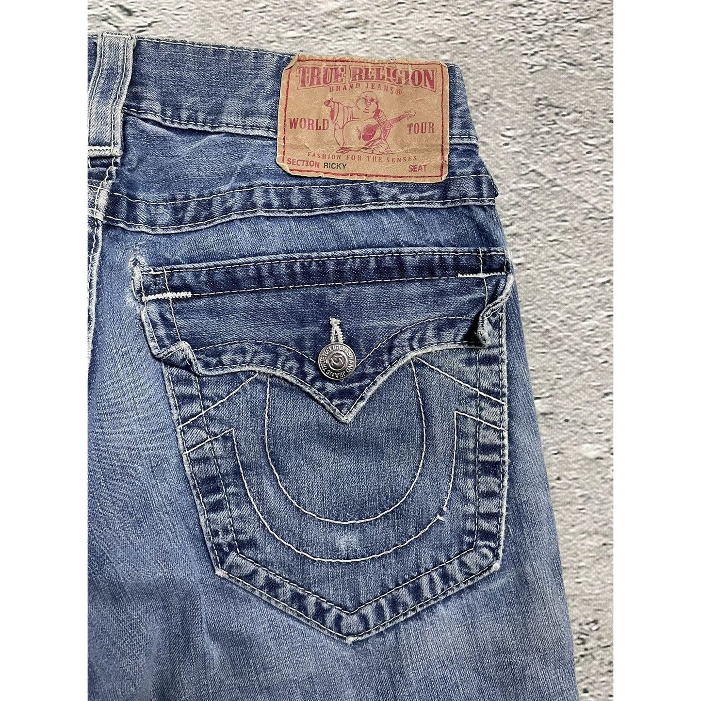 True Religion blue jeans white thick stitching Ricky