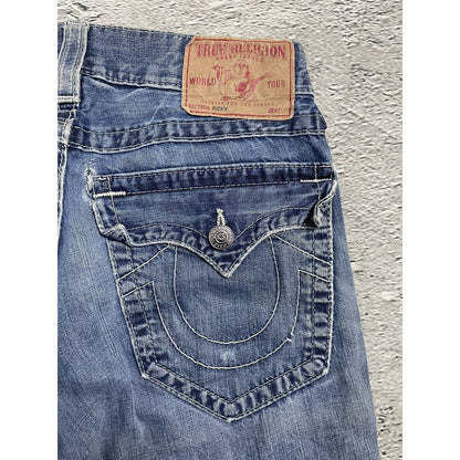 True Religion blue jeans white thick stitching Ricky